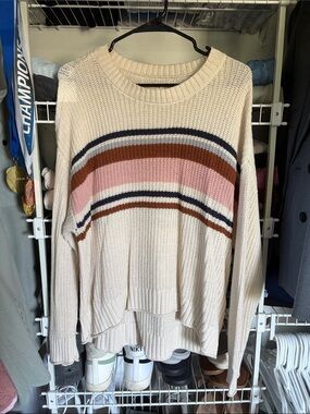 American Eagle Outfitters Cream Ribbed Sweater with Pink, Brown & Navy Stripes